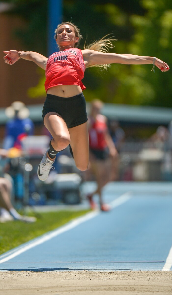 (Leah Hogsten | The Salt Lake Tribune) American Fork's Emma Aldred came in 4th in the 6A Girls' Long Jump with a distance of 17' 5.75" at the 2018 Utah UHSAA State Track and Field Championships at Clarence Robison Track on the campus of Brigham Young University in Provo, Thursday, May 17, 2018.