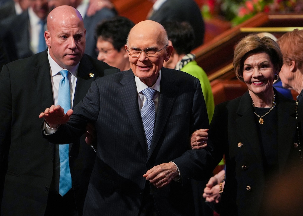 (Chris Samuels | The Salt Lake Tribune) Dallin H. Oaks, president of the Quorum of the Twelve Apostles, departs the morning session of General Conference of The Church of Jesus Christ of Latter-day Saints with his wife, Kristen, at the Conference Center in Salt Lake City, Sunday, Oct. 5, 2025.