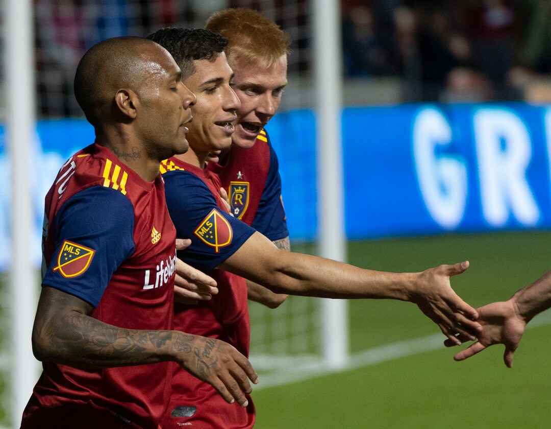 (Rick Egan  |  The Salt Lake Tribune).  Real Salt Lake celebrates after Real Salt Lake forward Jefferson Savarino (7) scored the winning goal, in MLS soccer action between Real Salt Lake and Atlanta United at Rio Tinto Stadium in Sandy, Friday, May 24, 2019.
