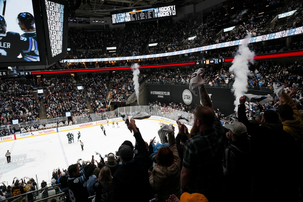 (Bethany Baker  |  The Salt Lake Tribune) Fans cheer after a goal during the first period of the game between the Utah Hockey Club and the Pittsburgh Penguins at the Delta Center in Salt Lake City Wednesday, Jan. 29, 2025.