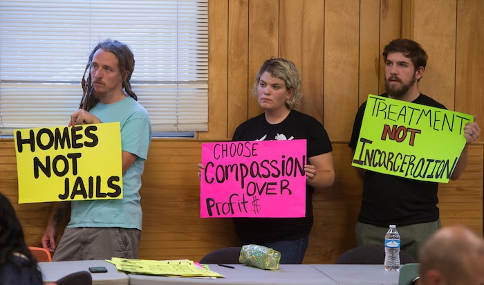 (Rick Egan  |  The Salt Lake Tribune)  Matt Romrell, Jade After and Nick Godfrey with Utahan's Against Police Brutality, at  the Poplar community Alliance meeting at St Patrick Parish Social Hall, Friday, August 25, 2017.


