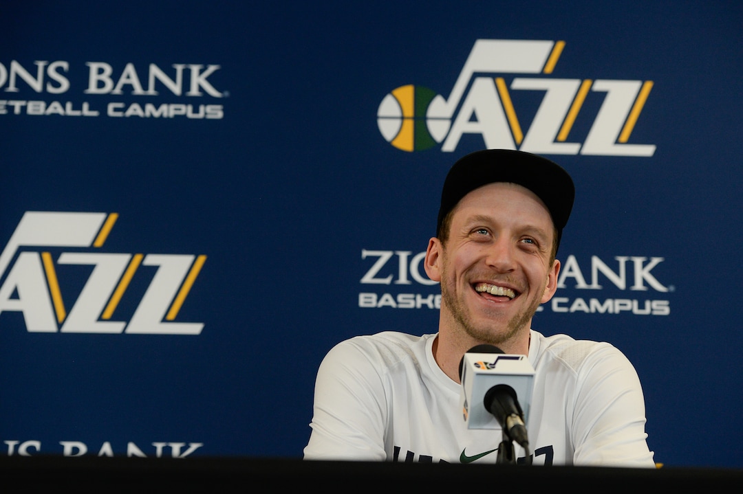 (Francisco Kjolseth  |  The Salt Lake Tribune)  Utah Jazz      forward Joe Ingles has a laugh with the media as he teases about "stupid questions," with the media during exit interviews at their practice facility in Salt Lake City Wed., May 8, 2018, after losing to the Houston Rockets in game 5 of their Western Conference Semifinals during the 2018 NBA Playoffs.