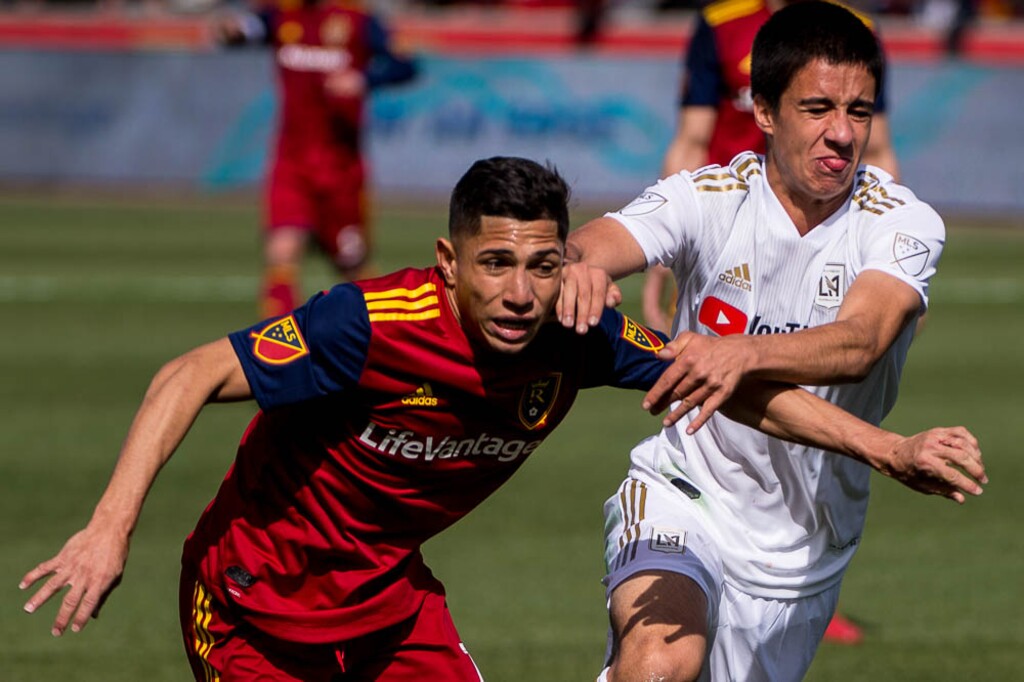 (Trent Nelson | The Salt Lake Tribune)
Real Salt Lake vs. Los Angeles Football Club, MLS soccer at Rio Tinto Stadium in Sandy, Saturday March 10, 2018. Los Angeles FC defender Joao Moutinho (44) defending Real Salt Lake forward Jefferson Savarino (7).