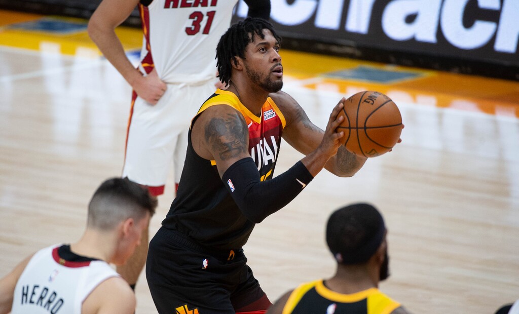 (Francisco Kjolseth  | The Salt Lake Tribune) Utah Jazz center Derrick Favors (15) takes a free throw as the Utah Jazz take on the Miami Heat at Vivint Smart Home Arena in Salt Lake City, on Saturday, Feb. 13, 2021.