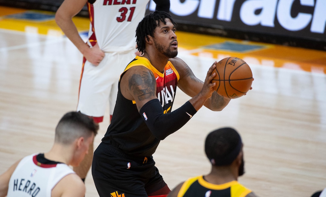 (Francisco Kjolseth  | The Salt Lake Tribune) Utah Jazz center Derrick Favors (15) takes a free throw as the Utah Jazz take on the Miami Heat at Vivint Smart Home Arena in Salt Lake City, on Saturday, Feb. 13, 2021.