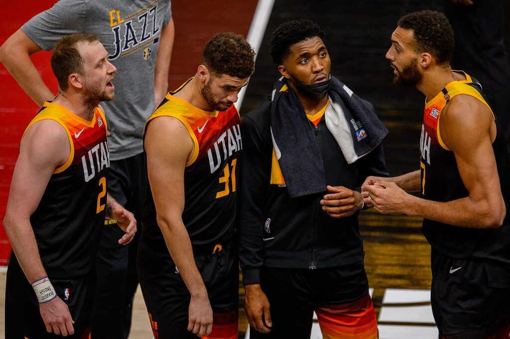 (Trent Nelson | The Salt Lake Tribune) Utah Jazz guard Joe Ingles (2), Utah Jazz forward Georges Niang (31), Utah Jazz guard Donovan Mitchell (45), and Utah Jazz center Rudy Gobert (27) as the Utah Jazz host the Brooklyn Nets, NBA basketball in Salt Lake City on Wednesday, March 24, 2021.