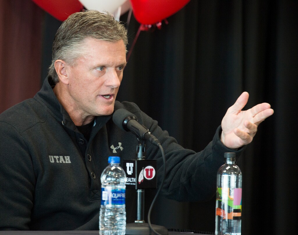 (Rick Egan  |  The Salt Lake Tribune)    Utah head coach Kyle Whittingham talks about the new stadium expansion during a news conference at Rice -Eccles stadium, Wednesday, Nov. 14, 2018.