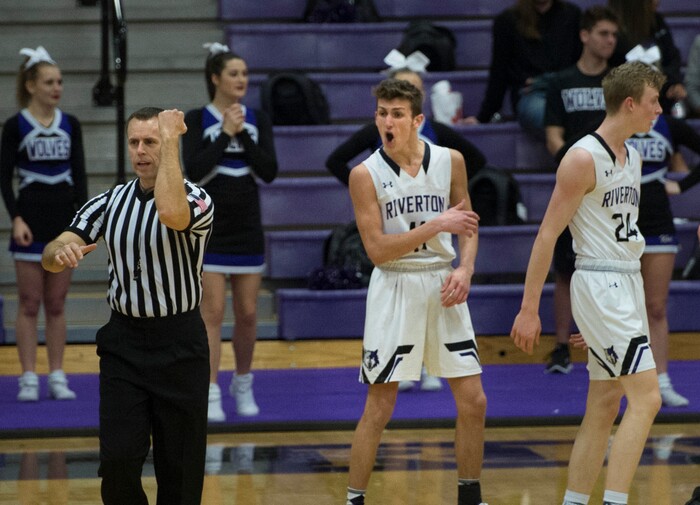 Scott Sommerdorf | The Salt Lake TribuneRiverton's Dayne McDonald voices his disagreement with a first half foul call. Copper Hills defeated Riverton 54-50, Friday, February, 2, 2018. 