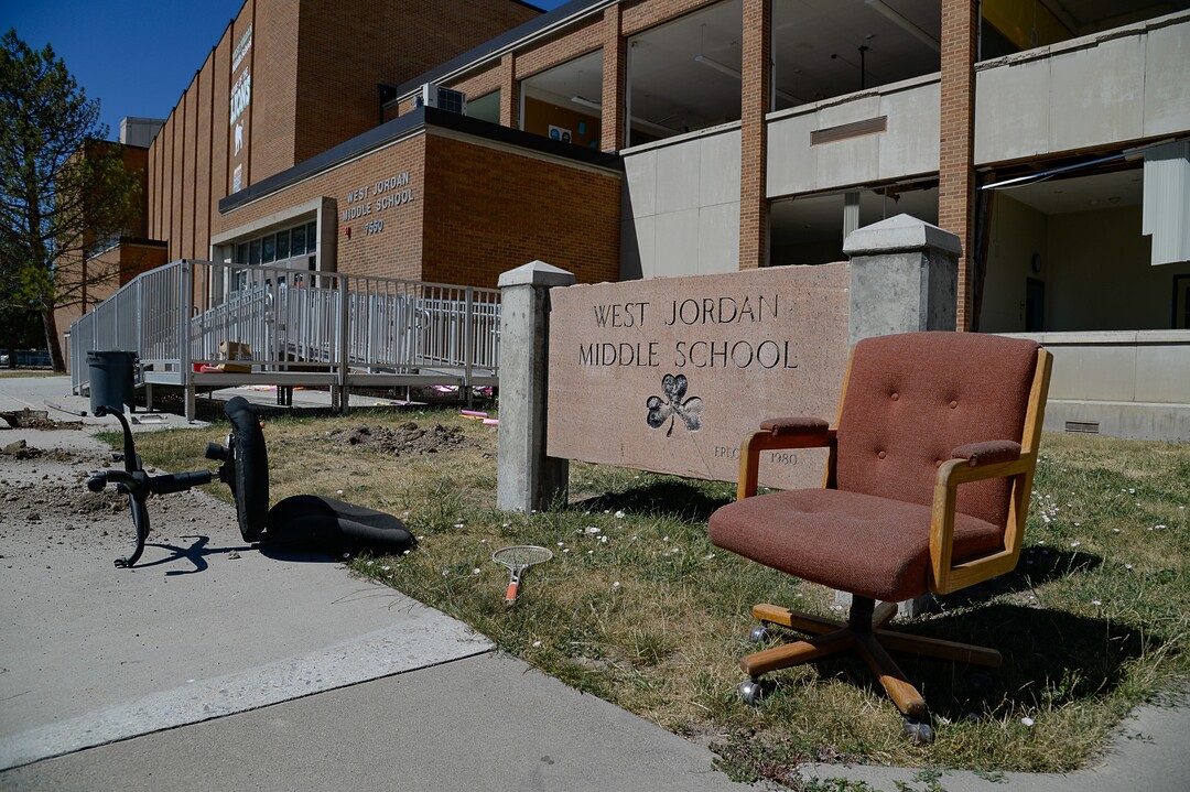 (Francisco Kjolseth  |  The Salt Lake Tribune)  Work begins tearing down the old West Jordan Middle School, 7550 S. Redwood Road, the oldest school in the Jordan School District on Tuesday, July 16, 2019.