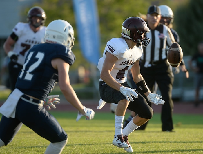 (Francisco Kjolseth  |  The Salt Lake Tribune)  Ethan Bolingbrooke of Jordan loses control of the ball in game action at Syracuse on Thursday, Aug. 24, 2017.