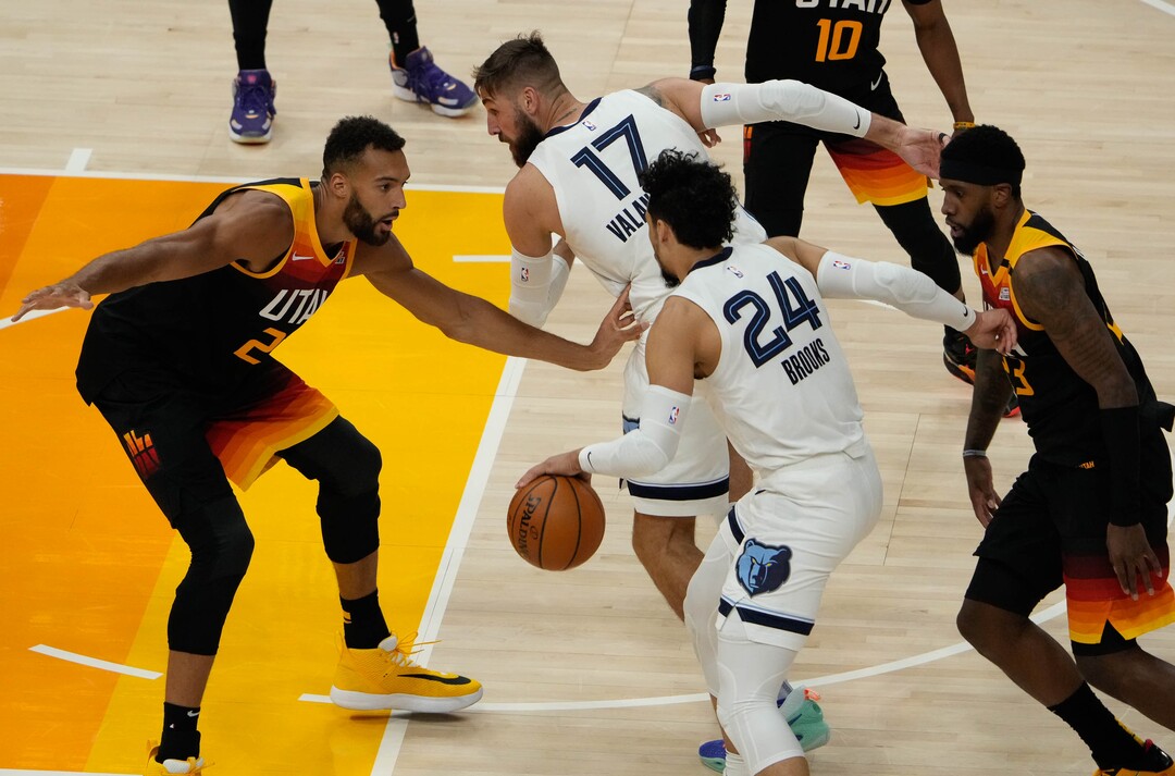 (Francisco Kjolseth | The Salt Lake Tribune) Memphis Grizzlies forward Dillon Brooks (24) tries to move past the Jazz defense in the first half of Game 5 of an NBA basketball first-round playoff series Wednesday, June 2, 2021, in Salt Lake City, UT.