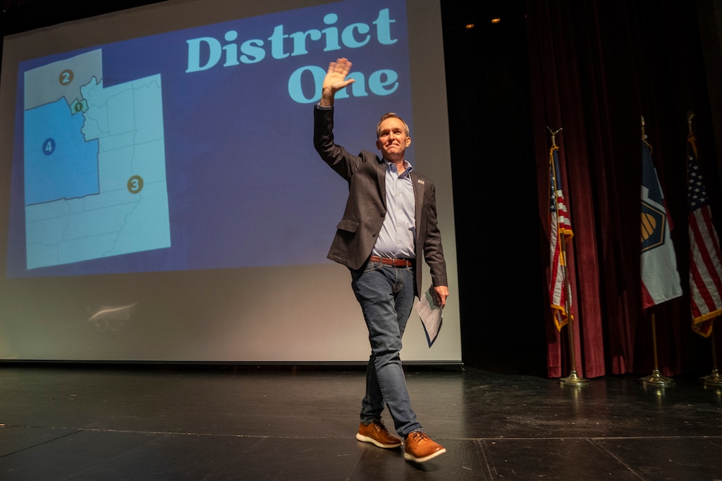 (Rick Egan | The Salt Lake Tribune) First Congressional District Democratic candidate Ben McAdams waves as he leaves the stage after speaking at the Democratic nominating convention at Jordan High School in Sandy on Saturday, April 25, 2026.