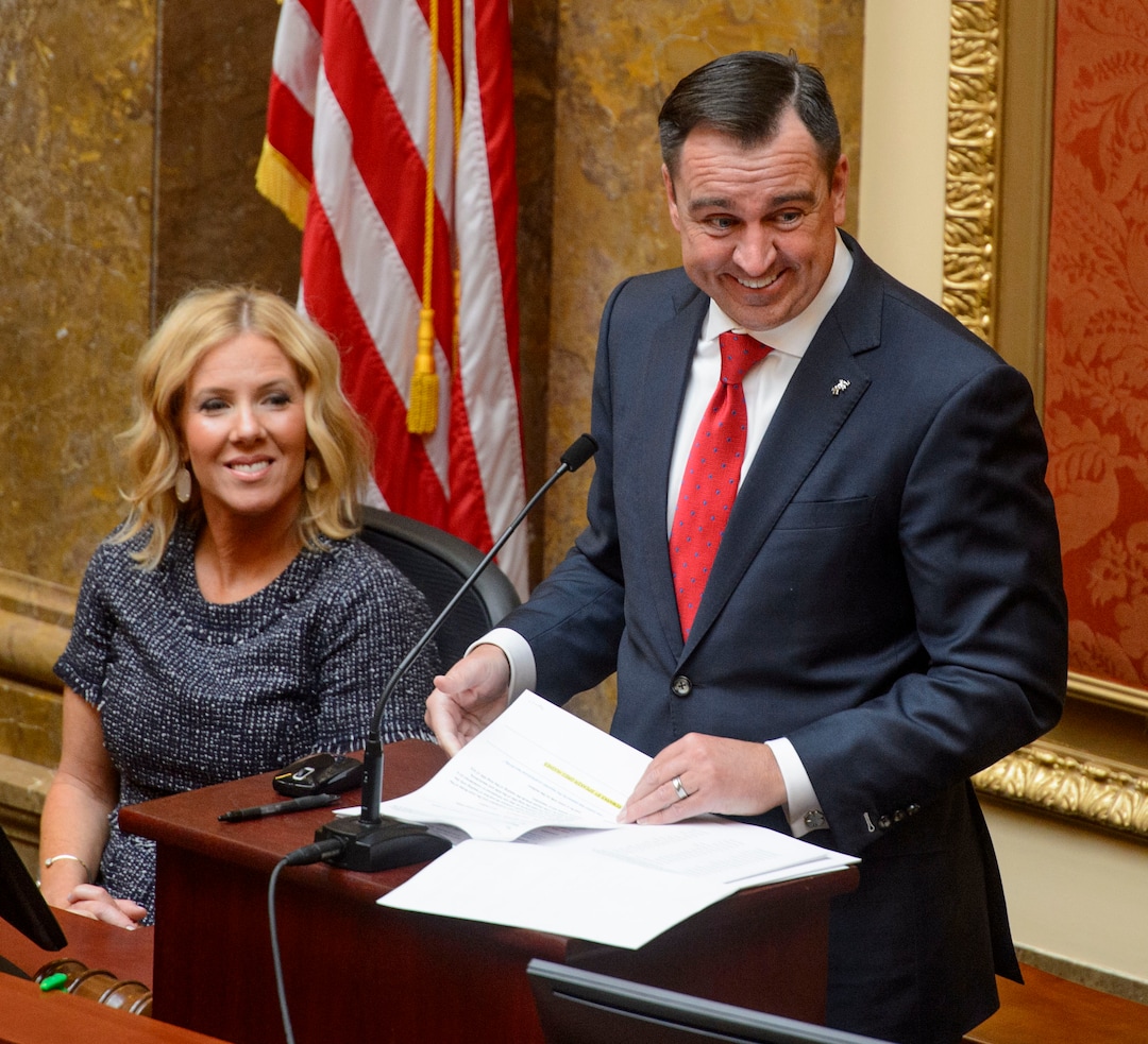 (Steve Griffin  |  The Salt Lake Tribune) Joined by his wife Krista, Utah House Speaker Greg Hughes gives his opening remarks to members of the House of Representatives at the start of the 2018 Legislative session at the Utah State Capitol in Salt Lake City Monday January 22, 2018.