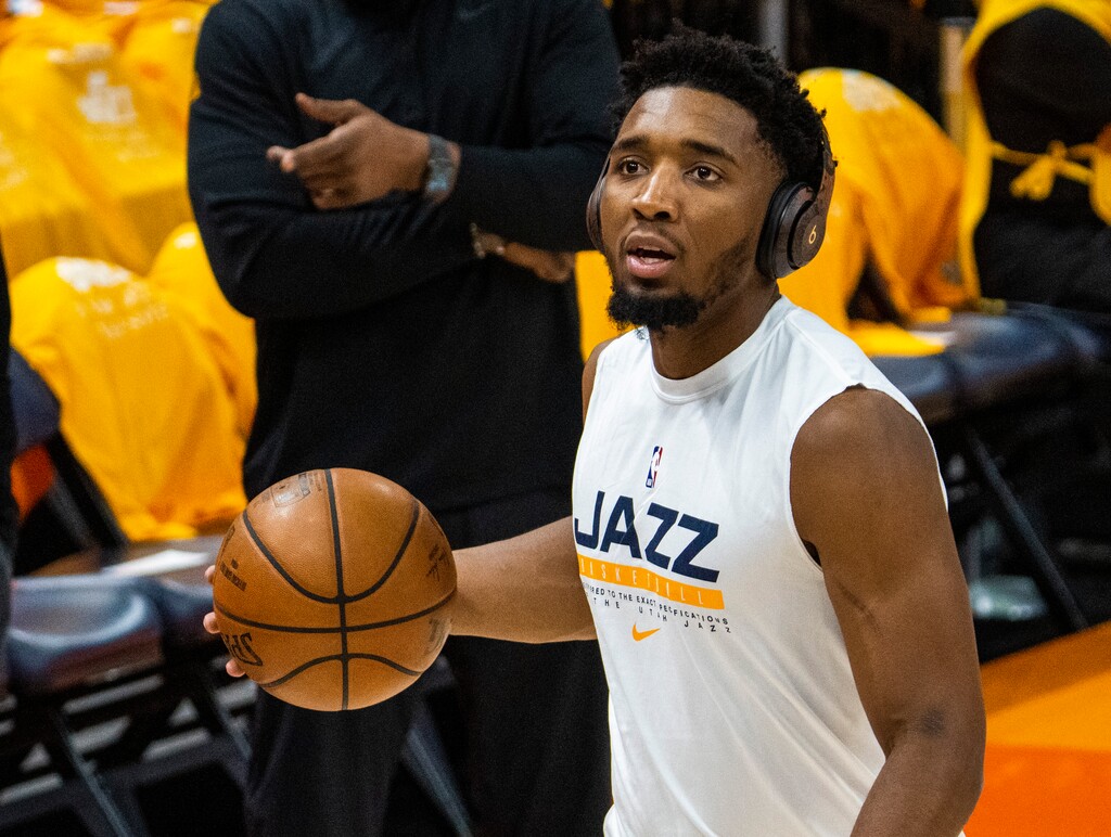 (Rick Egan | The Salt Lake Tribune)  Utah Jazz guard Donovan Mitchell (45) shoots baskets during warm ups, before NBA Playoff game 2 between the Utah Jazz and the Memphis Grizzlies at Vivint Arena, on Wednesday, May 26, 2021. Last year, the Jazz followed up a brilliant regular season with a disappointing playoff campaign. Every season is a new one, but what can the Jazz do this year to prove they're ready for the rigors of the playoffs in 2022?