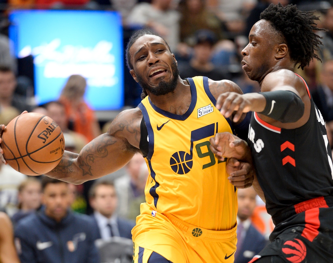 Leah Hogsten  |  The Salt Lake Tribune  Utah Jazz forward Jae Crowder (99) battles Toronto Raptors forward OG Anunoby (3) as the Utah Jazz host the Toronto Raptors, Monday, Nov. 5, 2018 at  Vivint Smart Home Arena.