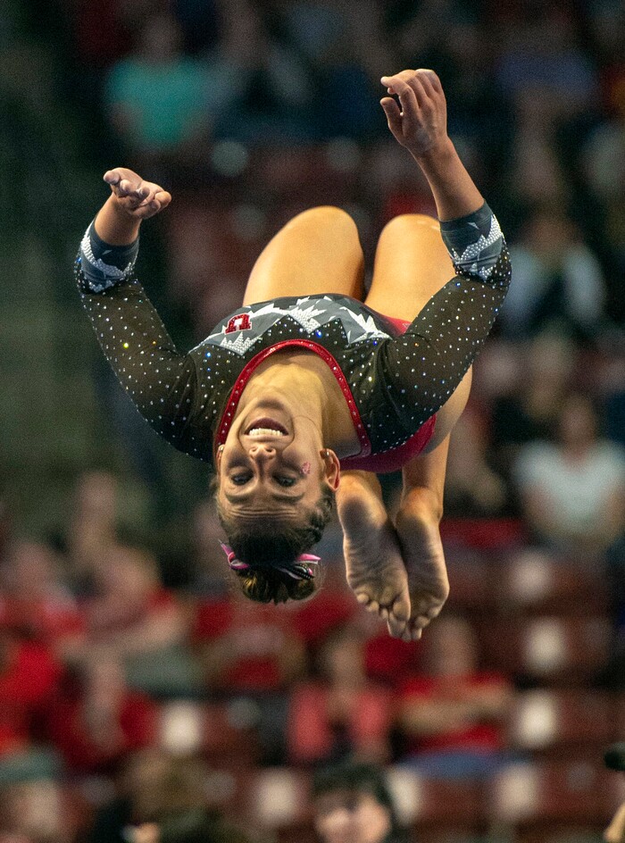 (Rick Egan  |  The Salt Lake Tribune)    Macey Roberts competes on the floor for Utah, in the PAC-12 Gymnastics Championships at the Maverik Center, Saturday, March 23, 2019.


