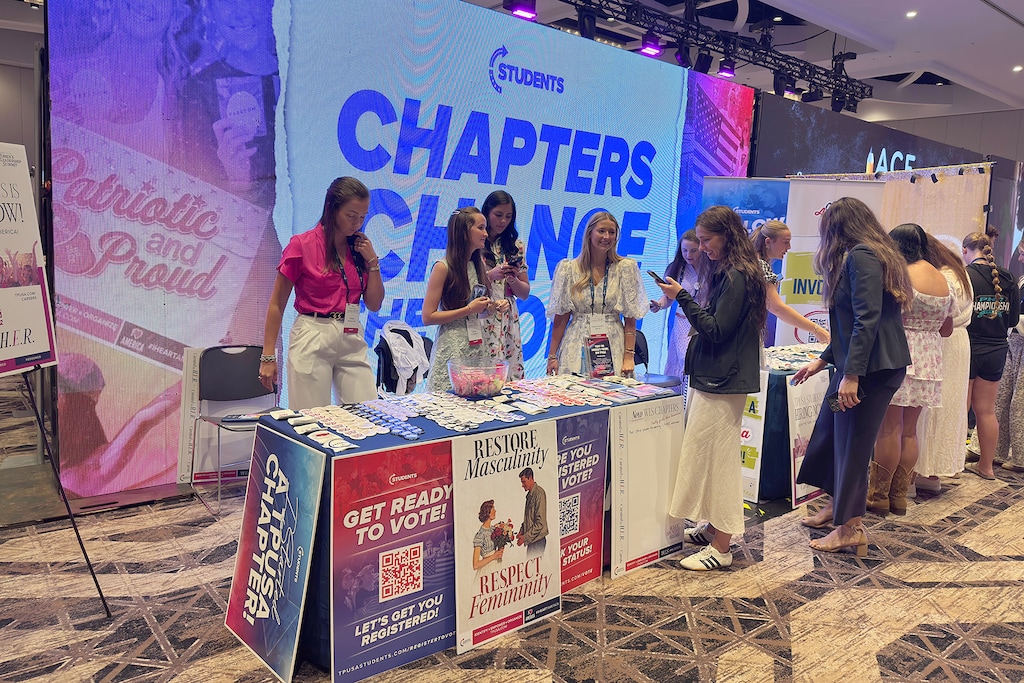 (Kathryn Post | RNS) A student engagement table at the Turning Point USA Women’s Leadership Summit, Saturday, June 6, 2026, in San Antonio.