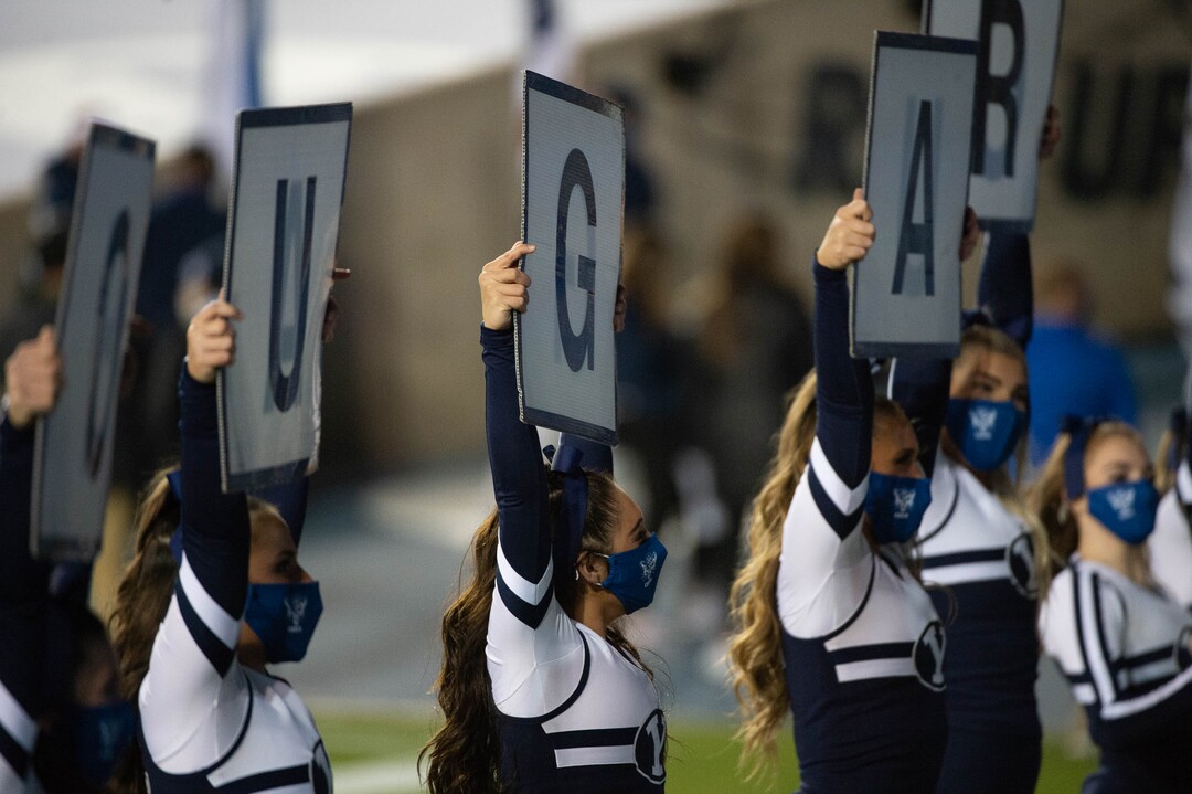 (Francisco Kjolseth  |  The Salt Lake Tribune) BYU cheerleaders get the crowd excited as they take on Texas State during an NCAA college football game at LavVell Edwards Stadium, Saturday, oct. 24, 2020, in Provo, Utah.
