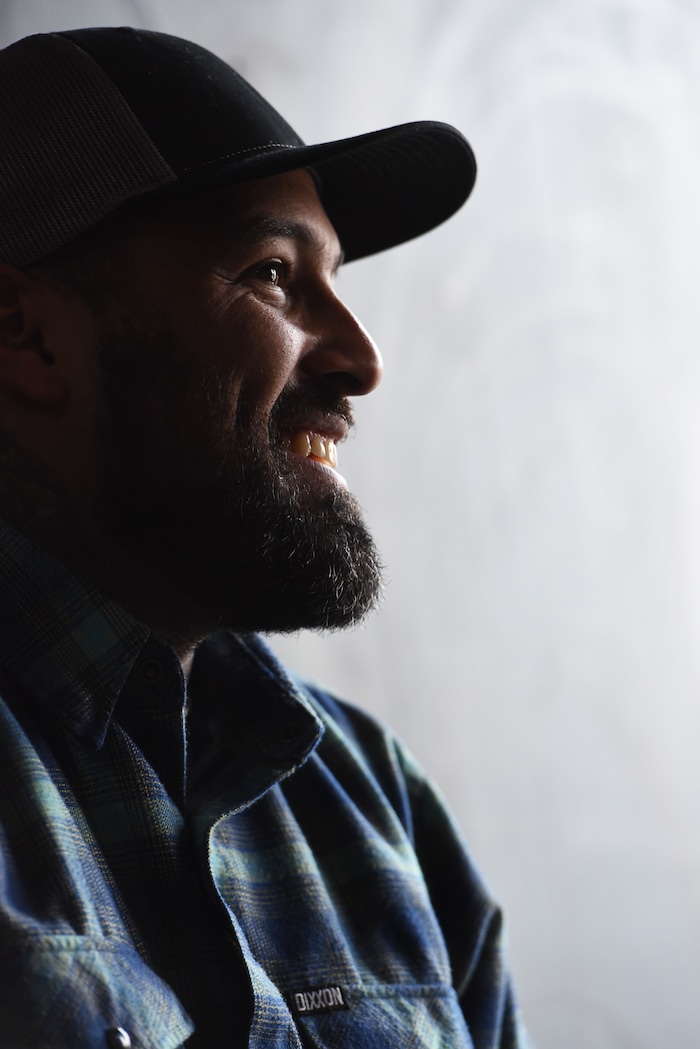 (Francisco Kjolseth  |  The Salt Lake Tribune)  Vincent "Rocco" Vargas a local entrepreneur/actor who's in the cast of the new FX series "Mayans M.C." (which is sort of a continuation of "Sons of Anarchy"), hangs out at his business, Throwbacks Barber Company in Salt Lake City recently as he talks about the arc of his life from a military background to acting. 