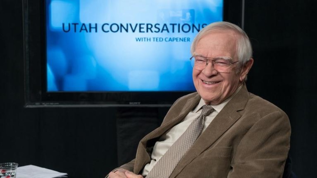 (PBS Utah) Ted Capener on the set of "Utah Conversations," one of two interview shows he hosted during a 35-year run at PBS Utah. Capener died Aug. 17, 2026, at age 94.