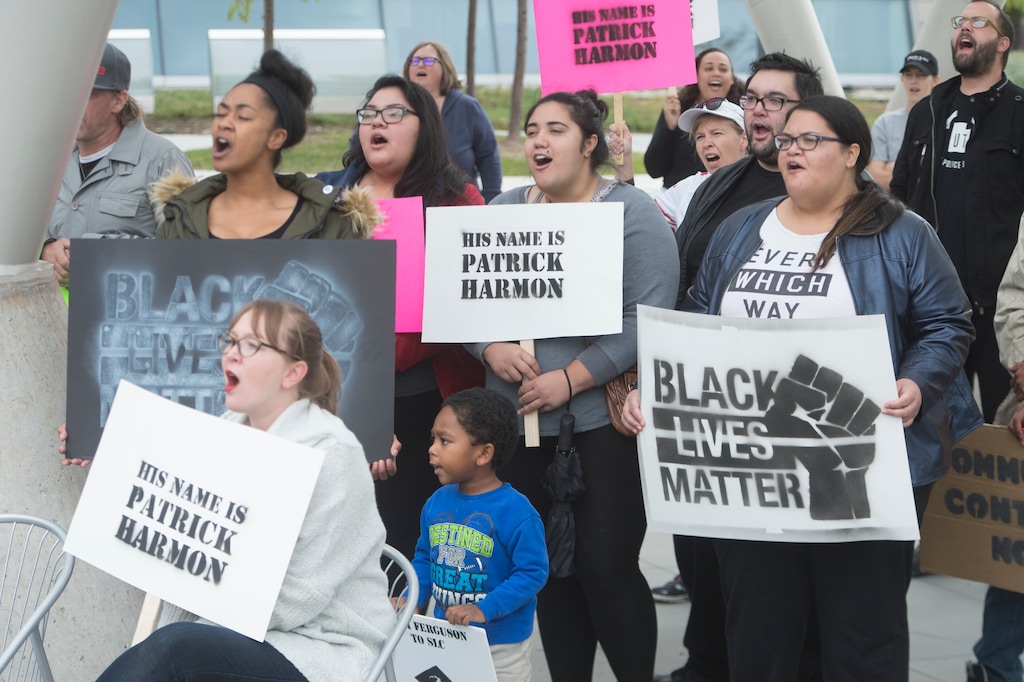 (Rick Egan  |  The Salt Lake Tribune)  Protesters gather for a Black Lives Matter protest against police brutality. The protesters are calling for the release of body camera footage of an officer fatally shooting 50-year-old Patrick Harmon at the Salt Lake City Public Safety Building, Saturday, September 30, 2017.