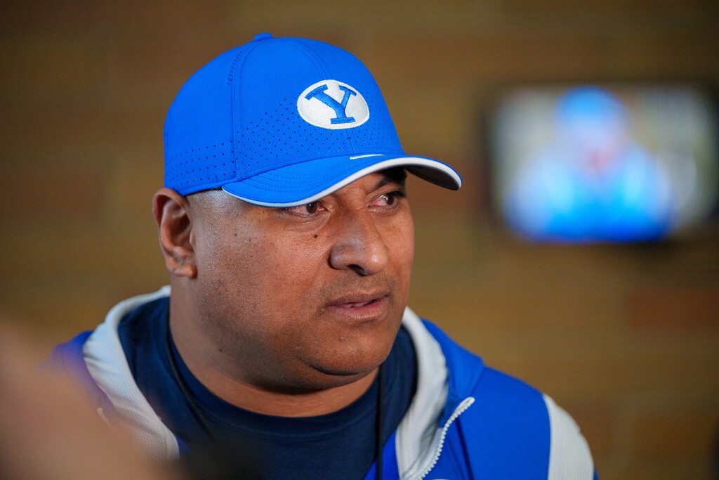 i(Trent Nelson  |  The Salt Lake Tribune) Kalani Sitake at BYU football practice in Provo on Monday, March 6, 2023.