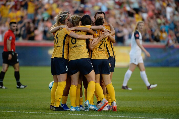(Francisco Kjolseth  |  The Salt Lake Tribune)  Utah Royals FC forward Christen Press (23) is celebrated after scoring the first goal of the night as Utah Royals FC hosts the North Carolina Courage at Rio Tinto Stadium in Sandy, Utah on Saturday, July 27, 2019.