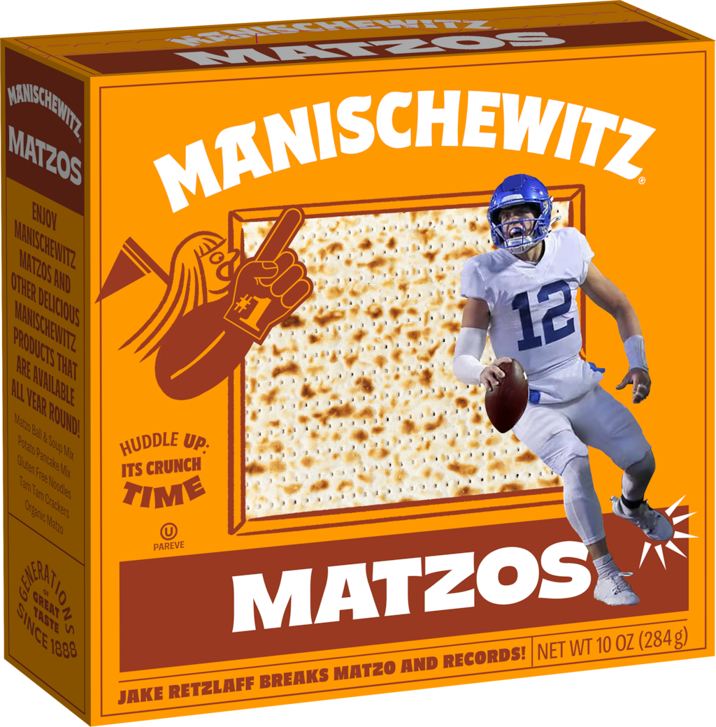 (Courtesy of Manischewitz) BYU quarterback Jake Retzlaff on the cover of Matzo Boxes.