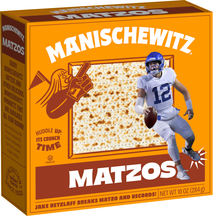 (Courtesy of Manischewitz) BYU quarterback Jake Retzlaff on the cover of Matzo Boxes.