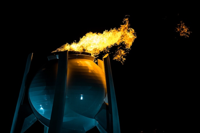 (Chris Detrick  |  The Salt Lake Tribune)  The Olympic Flame burns during the Pyeongchang 2018 Winter Olympics opening ceremony at Olympic Stadium Friday, February 9, 2018.  