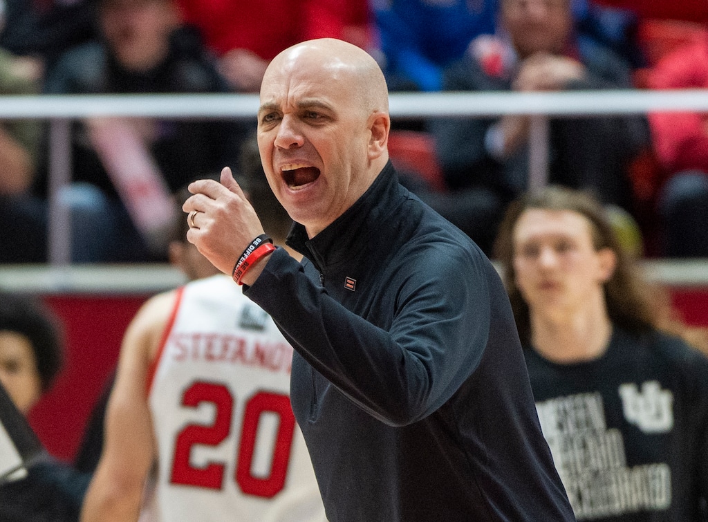 (Rick Egan | The Salt Lake Tribune) Utah Utes head coach Craig Smith has a few words for the officials, in PAC-12 basketball action between Utah Utes and UCLA Bruins, at the Jon M. Huntsman Center, Thursday, February. 23, 2022.