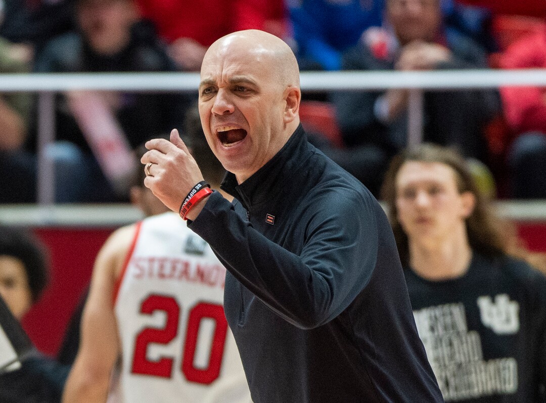 (Rick Egan | The Salt Lake Tribune) Utah Utes head coach Craig Smith has a few words for the officials, in PAC-12 basketball action between Utah Utes and UCLA Bruins, at the Jon M. Huntsman Center, Thursday, February. 23, 2022.