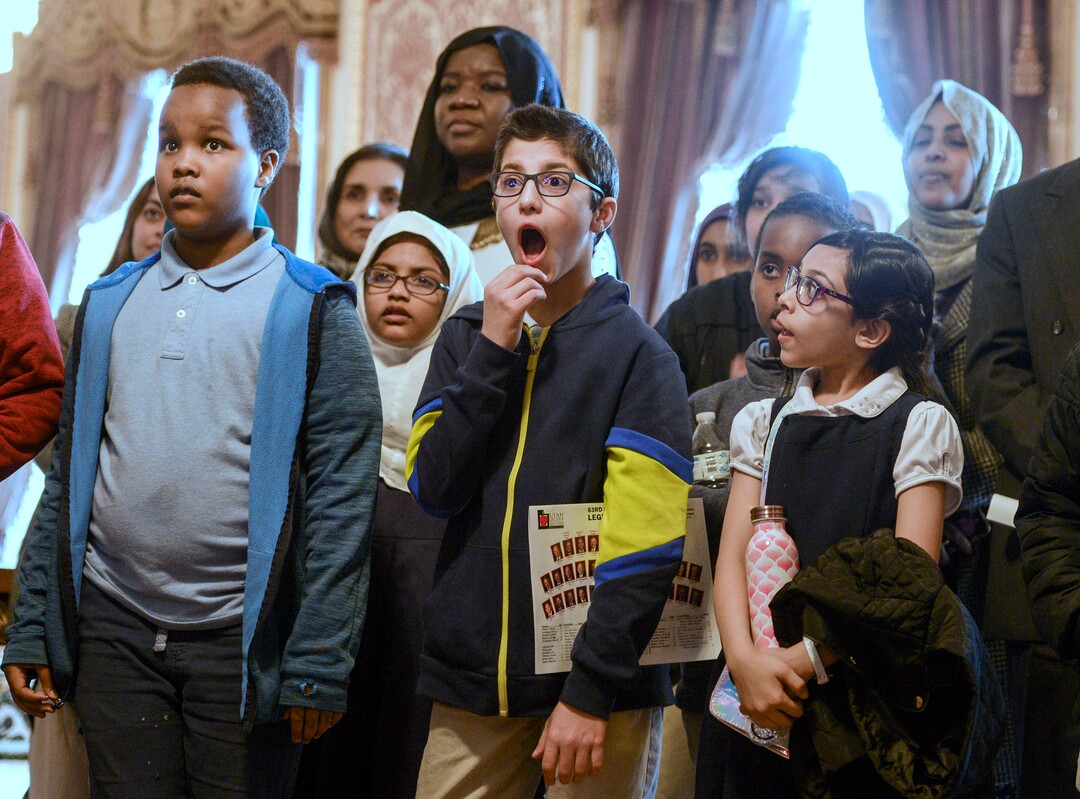 (Leah Hogsten  |  The Salt Lake Tribune) l-r Iqra Academy of Utah students Khairdon Mohamed, Aysha Rufaidha, Mohamed Hassoun and Ansharah Khan react to learning the age of the Capitol building during their first tour. Members of the Muslim community, students from Iqra Academy of Utah and members of the Utah Muslim Civic League tour the Capitol during the inaugural Muslim Day on the Hill, Feb. 25, 2020.