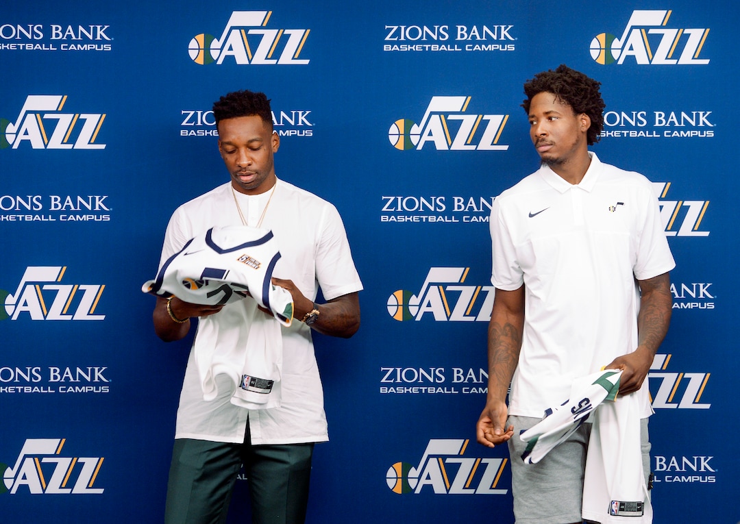 (Leah Hogsten  |  The Salt Lake Tribune) l-r The Utah JazzÕs newest members, forward Jeff Green and forward/center Ed Davis hold their new jerseys, Friday, July 26, 2019 at the Jazz basketball facility.