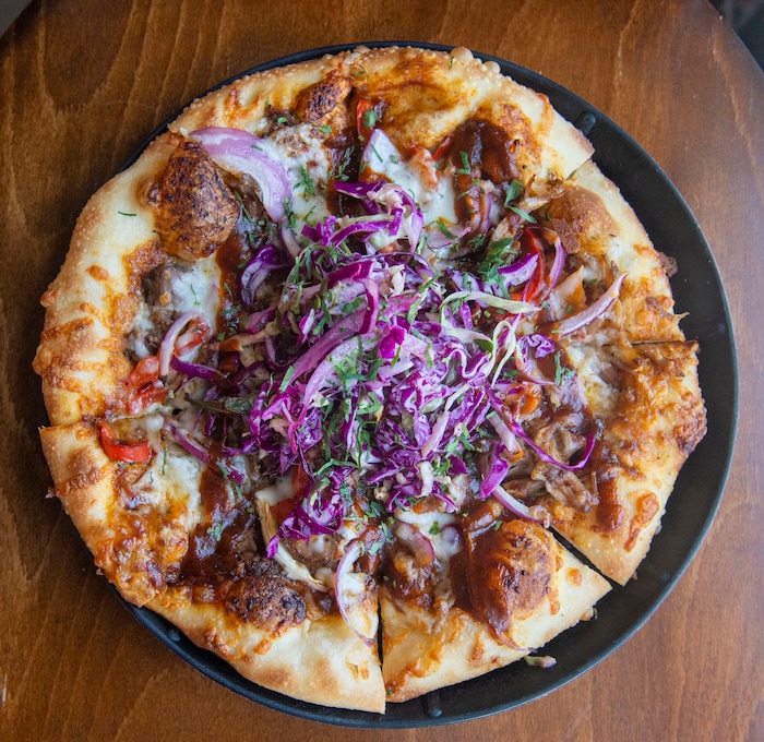 (Rick Egan  |  The Salt Lake Tribune)     The Southern Comfort Pizza, at Slackwater Pizzeria in Sandy, Thursday, March 5, 2020.