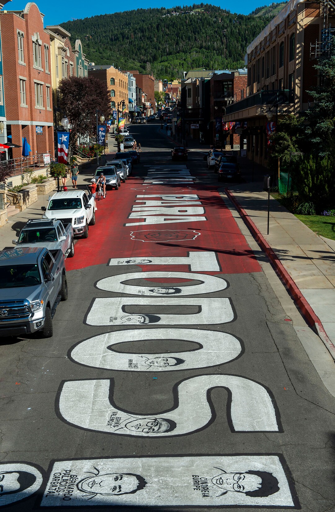 (Rick Egan  |  The Salt Lake Tribune)     Artists painted “Justicia Para Todos” on Main Street in Park City over the weekend, Monday, July 6, 2020.