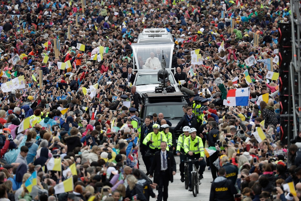 Pope Francis arrives to celebrate Mass at the Phoenix Park in Dublin, Ireland, Sunday, Aug. 26, 2018. Pope Francis is on a two-day visit to Ireland. (AP Photo/Gregorio Borgia)