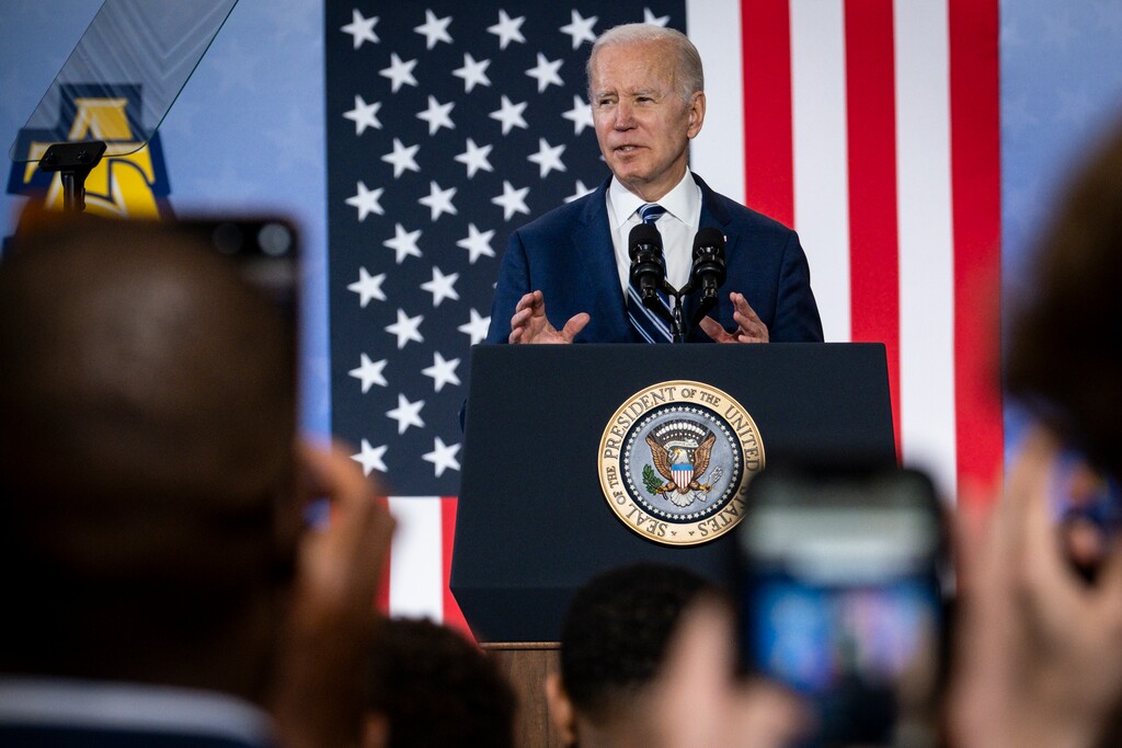 (Pete Marovich | The New York Times)

President Joe Biden speaks about supply chains and the nation's economy at North Carolina Agricultural and Technical State University in Greensboro, on Thursday, April 14, 2022.