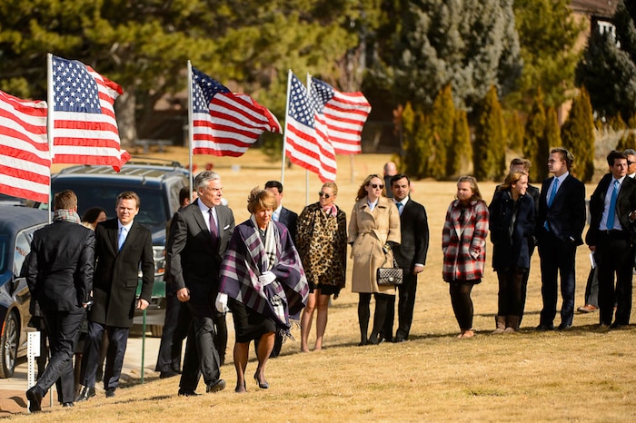 (Trent Nelson | The Salt Lake Tribune)  Jon Huntsman Jr. and Karen Huntsman at the graveside service for Jon Huntsman Sr. at Wasatch Lawn Memorial Park & Mortuary in Salt Lake City, Saturday February 10, 2018.