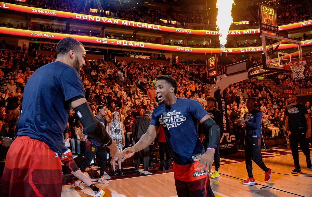 (Francisco Kjolseth  |  The Salt Lake Tribune) Utah Jazz center Rudy Gobert (27) and Utah Jazz guard Donovan Mitchell (45) are introduced at the start of their game with the Miami Heat where they were they were celebrated for being named their first all star game at Vivint Smart Home Arena in Salt Lake City on Wednesday, Feb. 12, 2020.