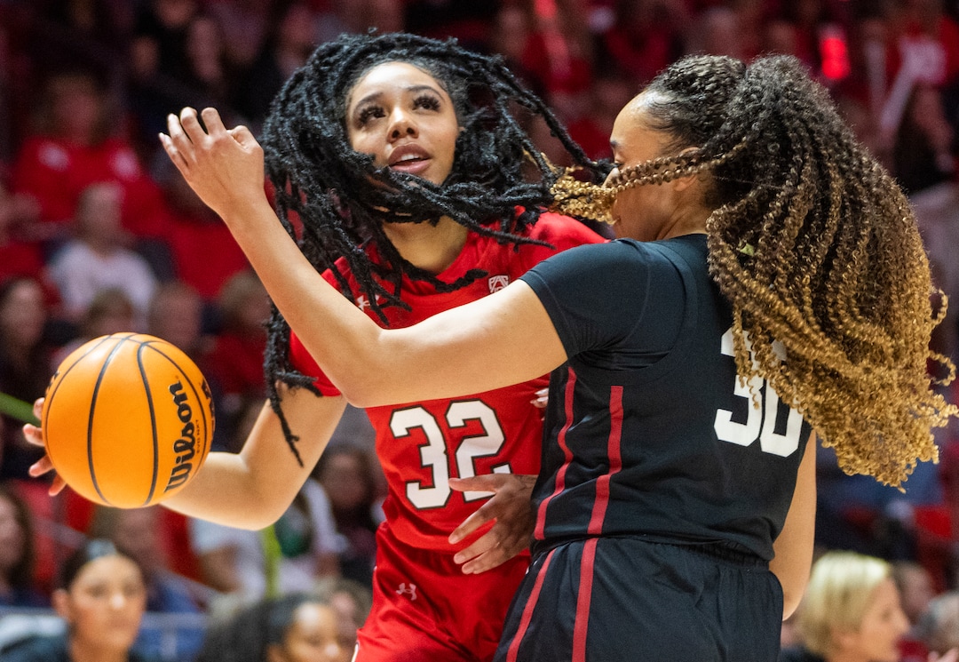 (Rick Egan | The Salt Lake Tribune) Utah Utes forward Teya Sidberry (32) looks for a shot, as Stanford Cardinal guard Haley Jones (30) defends, in PAC-12 action, at the Jon M. Huntsman Center, on Saturday, Feb. 25, 2023.