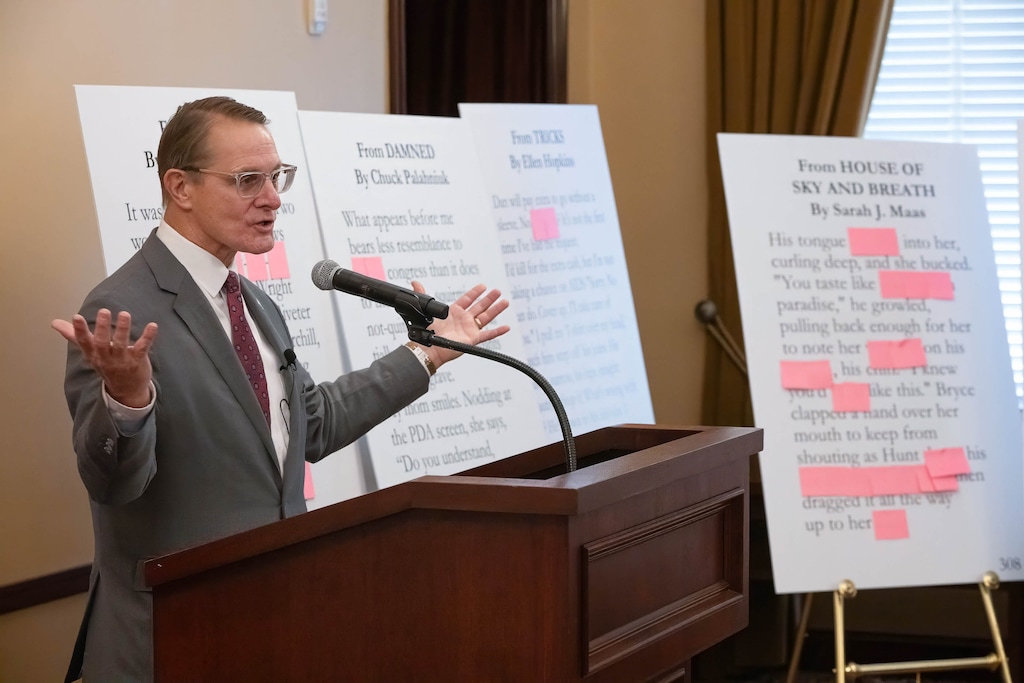 (Francisco Kjolseth  | The Salt Lake Tribune) Rep. Ken Ivory, R-West Jordan, alongside conservative parents, speaks at an event at the Utah Capitol, calling the removal of 13 books from public schools statewide "a bright day" for Utah on Thursday Aug. 29, 2024.