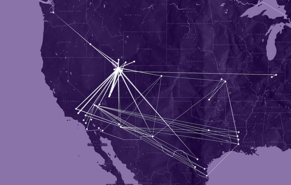 (Illustration by Christopher Cherrington | The Salt Lake Tribune) This illustration shows where U.S. Immigration and Customs Enforcement detainees were taken after their arrests in Utah. The thickness of the line between two detention facilities indicates how often Utah detainees have been shuttled between them.