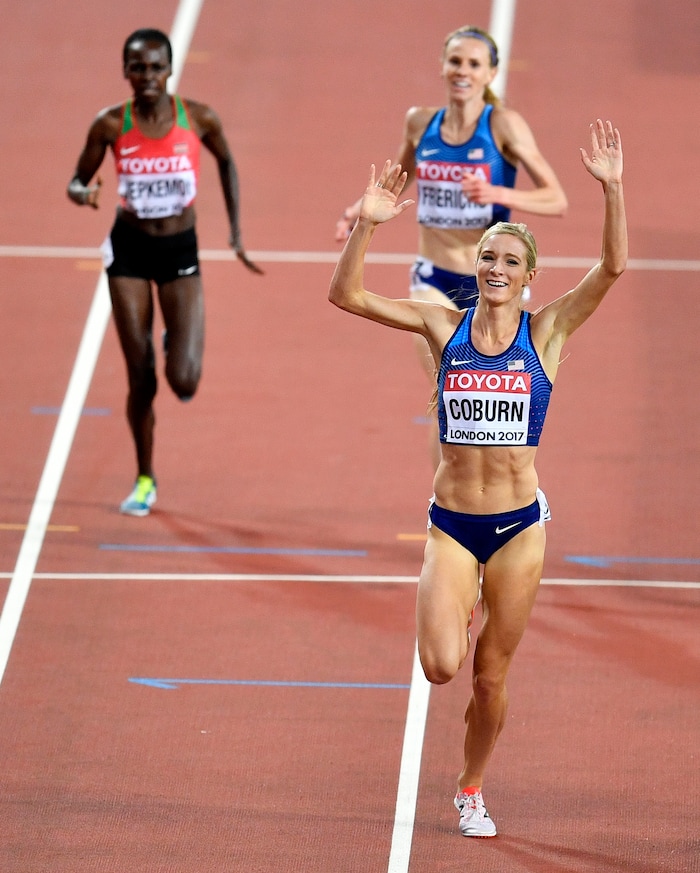 United States' Emma Coburn celebrates as she wins the Women's 3000 meters steeplechase final at the World Athletics Championships in London Friday, Aug. 11, 2017. (AP Photo/Martin Meissner)