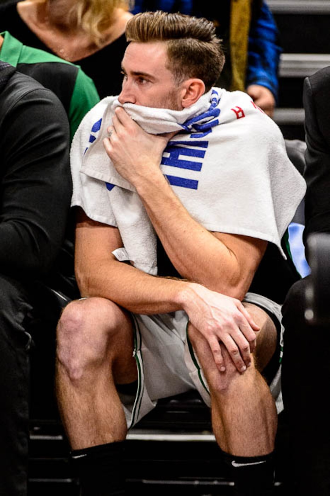 (Trent Nelson | The Salt Lake Tribune)  Boston Celtics forward Gordon Hayward (20) on the bench in the first quarter. Utah Jazz vs. Boston Celtics, NBA basketball in Salt Lake City on Friday Nov. 9, 2018.