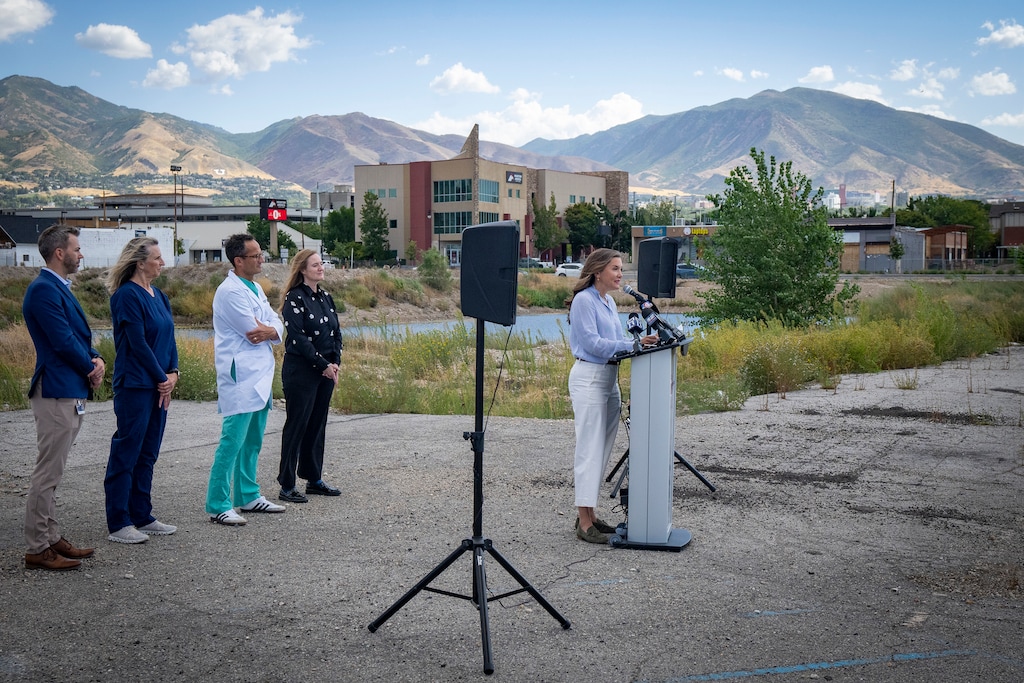 (Rick Egan | The Salt Lake Tribune) Salt Lake City Mayor Erin Mendenhall says a few words at the site of the new Intermountain Health medical campus on State Street, Wednesday, Sept. 2, 2026.