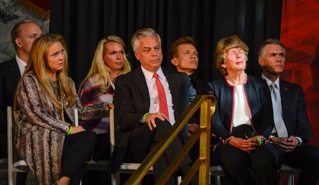 (Leah Hogsten  |  The Salt Lake Tribune) From left: Huntsman family members, Christopher Huffman, Christena Huntsman Durham, Jennifer Huntsman Parkin, John Huntsman Jr., James Huntsman, Karen Huntsman and CEO of University of Utah Health Michael Good react as Peter Huntsman talks about the need for mental health services for all on Monday, Nov. 4, 2019. The University of Utah hopes to become a national leader in mental health delivery with a $150 million gift from the Huntsman family to establish a new institute. The major gift will create the Huntsman Mental Health Institute to bolster the existing University Neuropsychiatric Institute and psychiatry department.