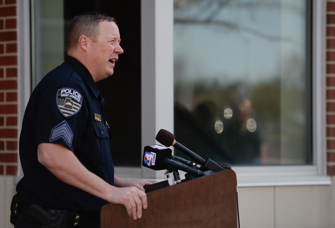 (Francisco Kjolseth  |  The Salt Lake Tribune) West Jordan police spokesman Sgt. J.C. Holt announces a suspect during a press conference on Monday, April 20, 2020, in connection with the double homicide of Tony and Katherine Butterfield who were killed in an apparent home invasion in West Jordan early Saturday. Albert Enoch Johnson, 31, described as 5'10'' and 270-pounds was announced as a person of interest.