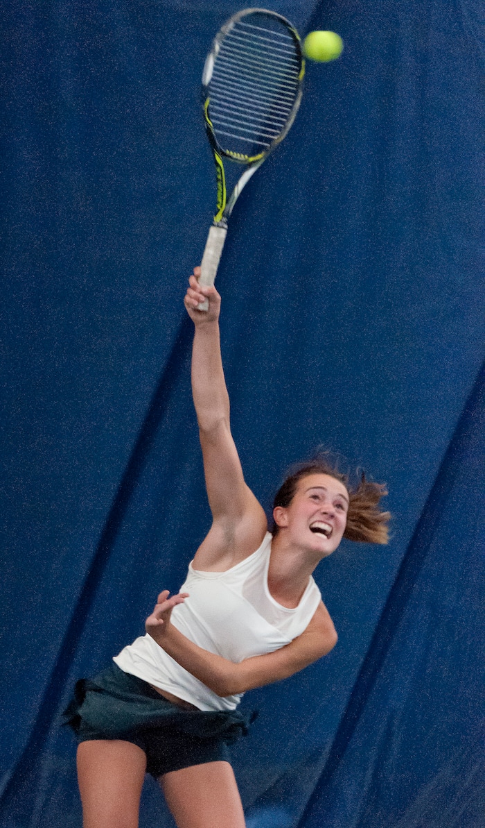 Michael Mangum  |  Special to the TribuneRowland Hall's Katie Foley hits a serve during the Utah high school state tennis finals at the Salt Lake Tennis & Health Club in Salt Lake City on Saturday, September 30, 2017. Foley defeated Waterford's Sophie Christensen for the 3A 1st singles state championship.