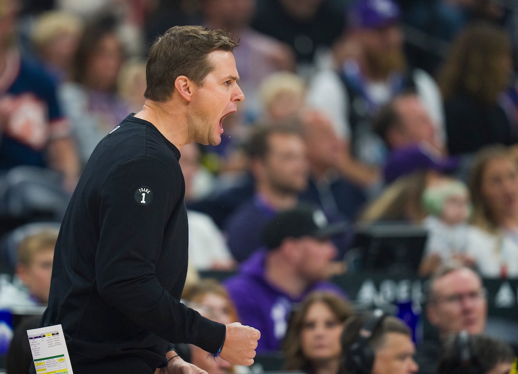 (Bethany Baker  |  The Salt Lake Tribune) Utah Jazz Head Coach Will Hardy reacts during the game between the Utah Jazz and the Minnesota Timberwolves at Delta Center in Salt Lake City on Monday, Nov. 10, 2025.